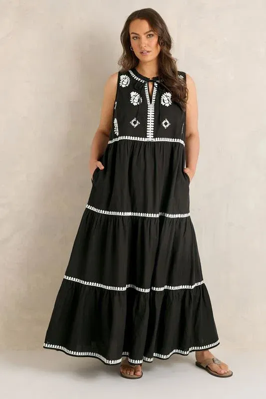 Chocolate Brown Embroidered Cotton Maxi Dress