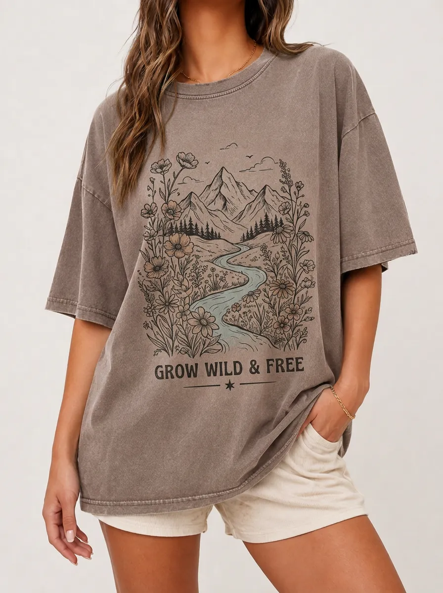 Women's Nature Lover Mountain Flower Printed T-shirt