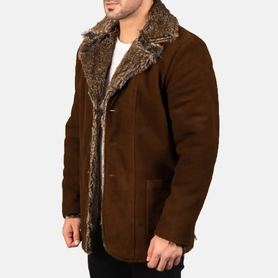 Men's Classic Suede Leather Fur Trim Coat