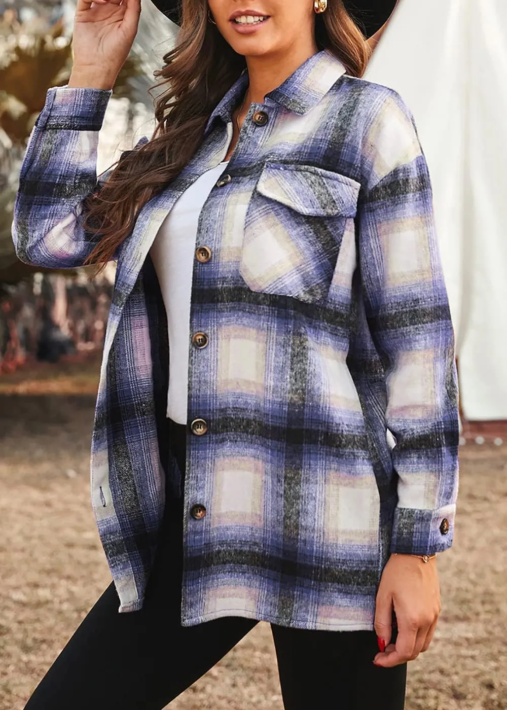 Women's 2023 Fall Clothes Plaid Shacket Jacket Long Sleeve Button Down Flannel Shirts Fashion Blouse