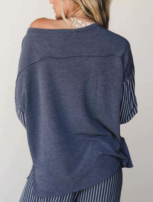 Women's Raw Seam Patchwork Long Sleeve Top Pocket Casual Pants Two Piece Set