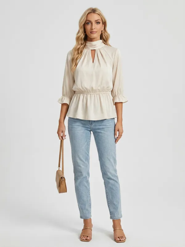Mock Neck Ruffle Sleeve Peplum Blouse