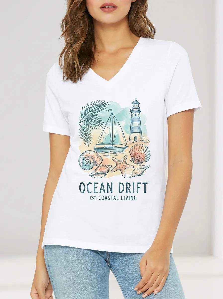 Women's Coastal Beach Lover Lighthouse Sailboat Seashells Printed V-neck T-shirt