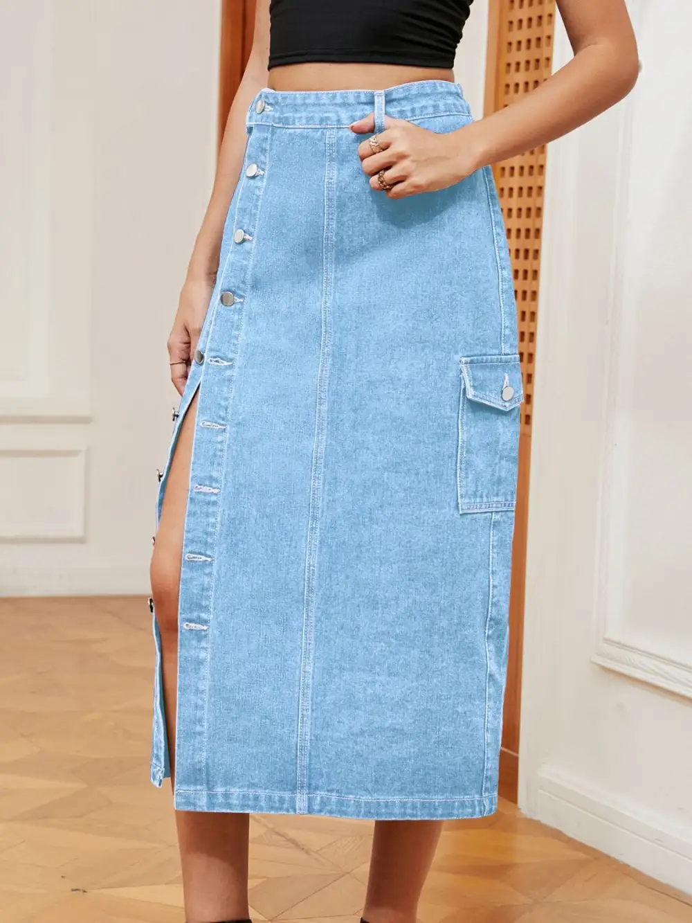 Simple Denim Button Front Skirt