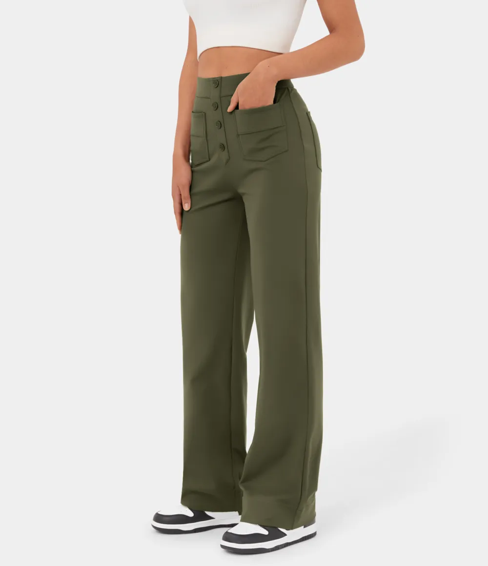 High Waisted Button Multiple Pockets Straight Leg Casual Pants