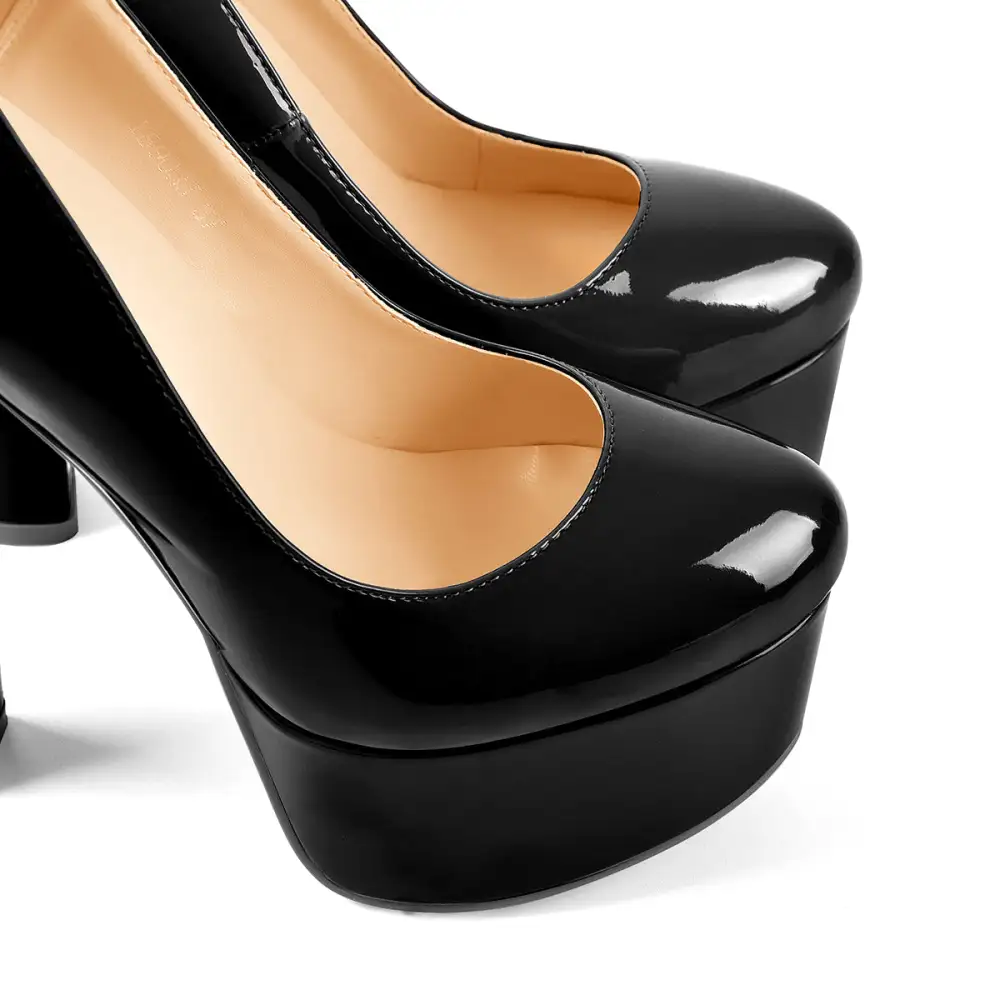 Modern Patent Finish Round Toe Platform Chunky Heel Pumps