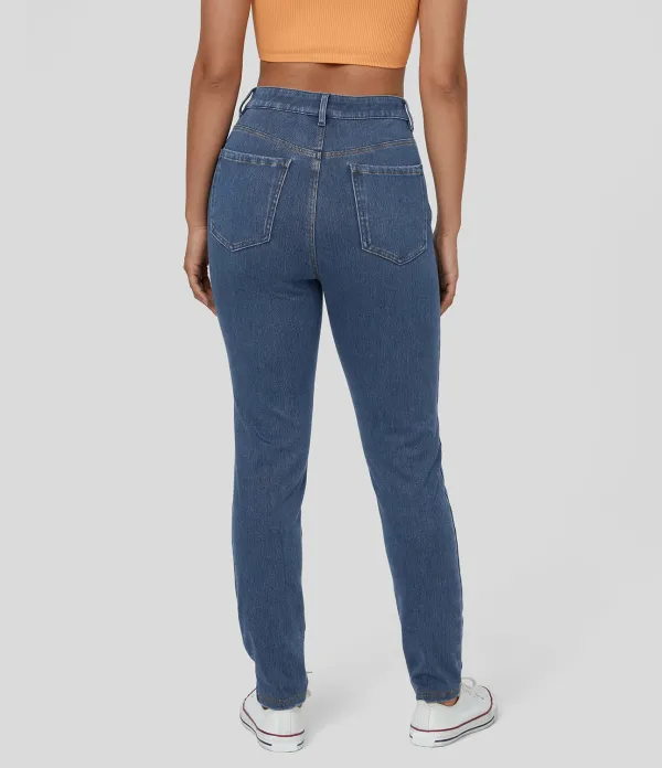 Magic High Waisted Button Zipper Multiple Pockets Stretchy Knit Casual Jeans