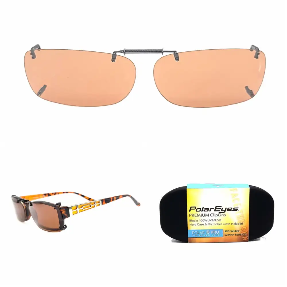 Frameless Amber Lens 56mm Rectangular Polarized Clip-On Sunglasses for Plastic Frames