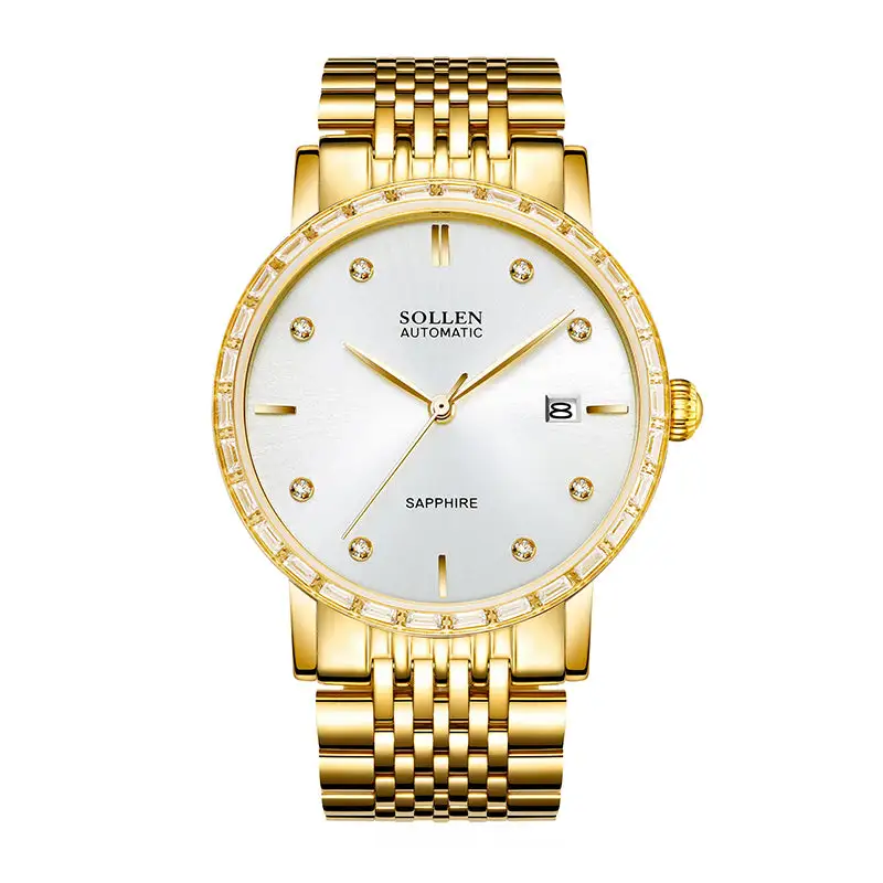 Sollen 9007 Automatic Watch - Men's & Women‘s Couple Sunray Dial Crystal Bezel 9-Bead Stainless Steel Bracelet Wristwatch