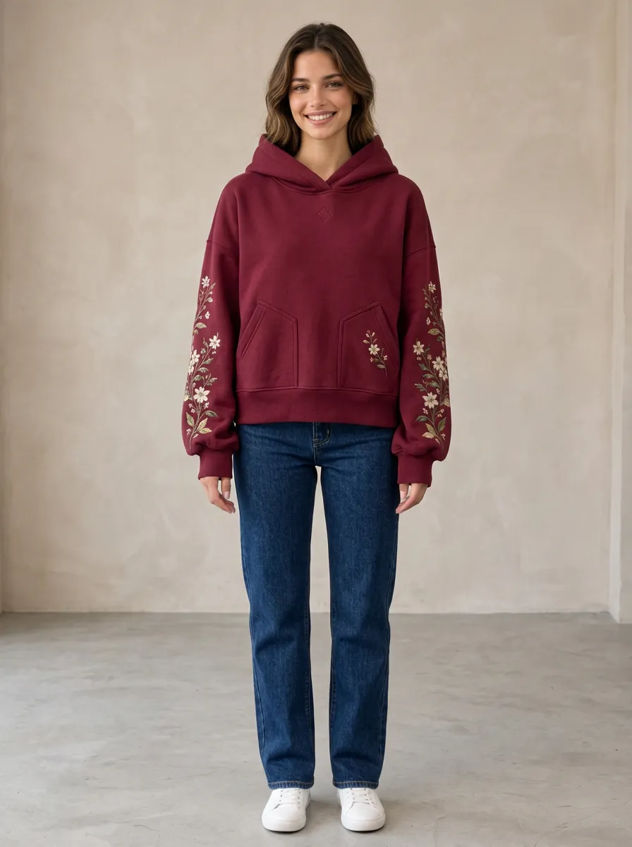 Women's Simple Casual Floral Embroidered Graphic Sleeve Nature Inspired Hoodie