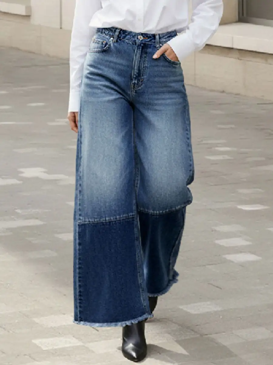 Fringe Detail Contrast Panel High Waist Wide Leg Seamed Jeans
