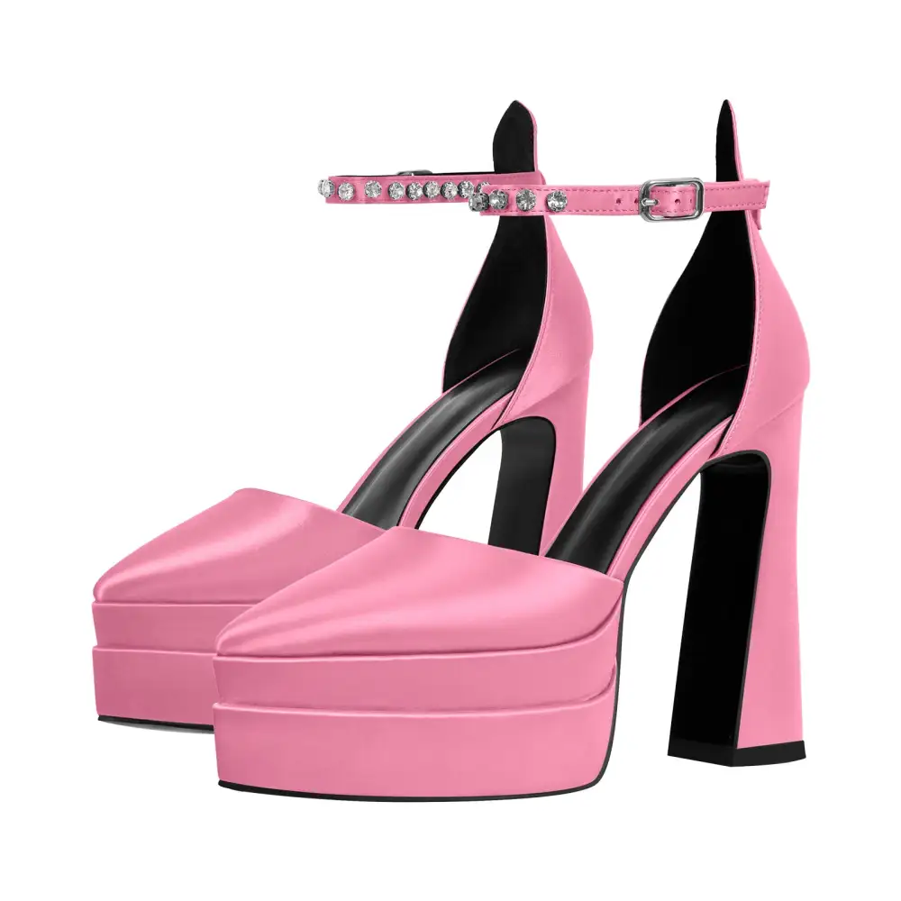Satin Finish Rhinestone Pointed Toe Double Platform Chunky Heel Pumps