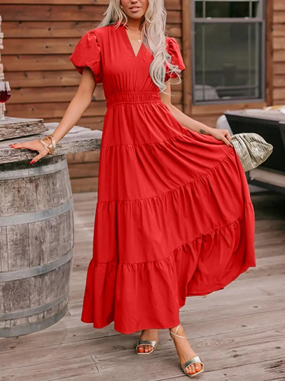 Tiered Puff Sleeve Maxi Dress