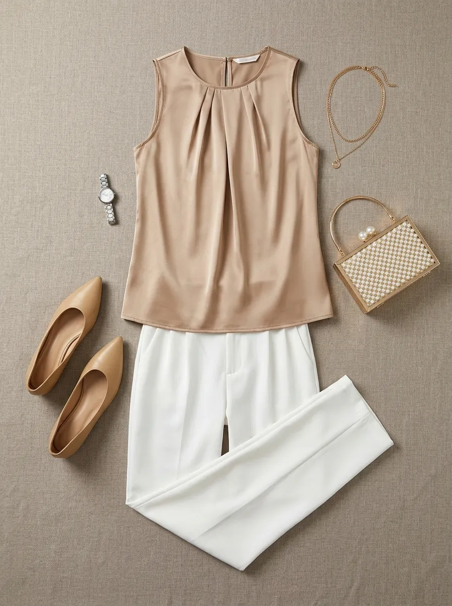 Pleated Sleeveless Satin Top