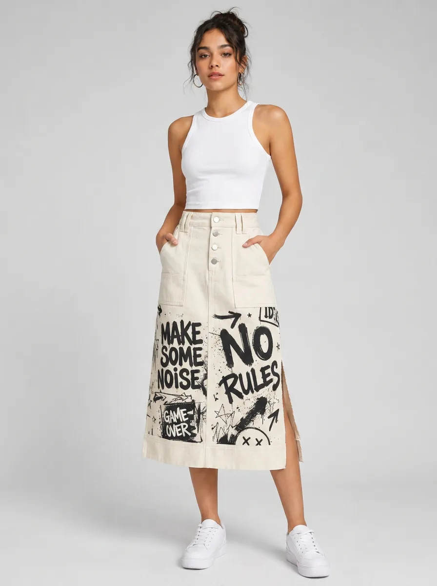 Button Front Graphic Midi Skirt