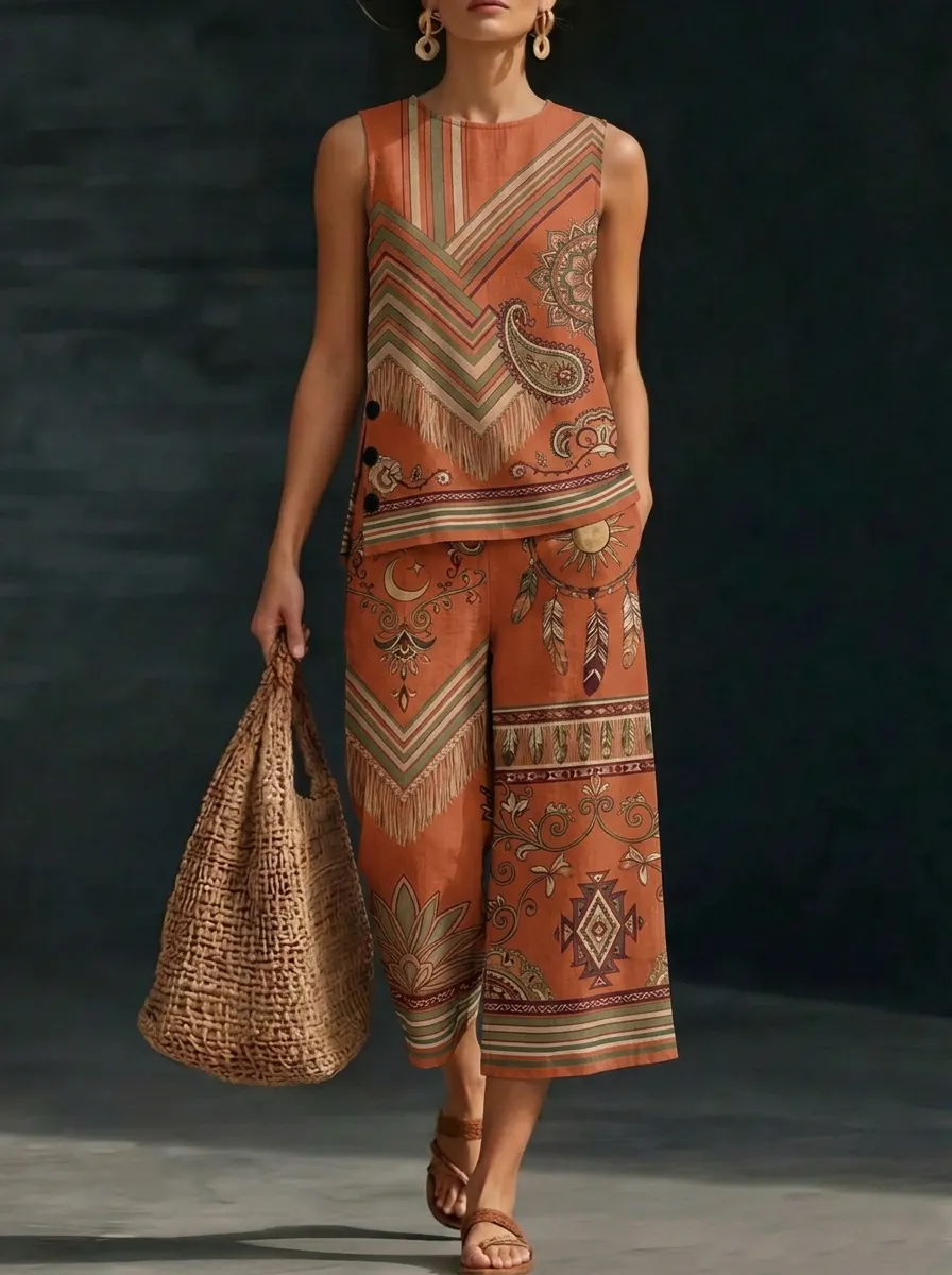 Women's Boho Paisley Sun Moon Printed Sleeveless Set