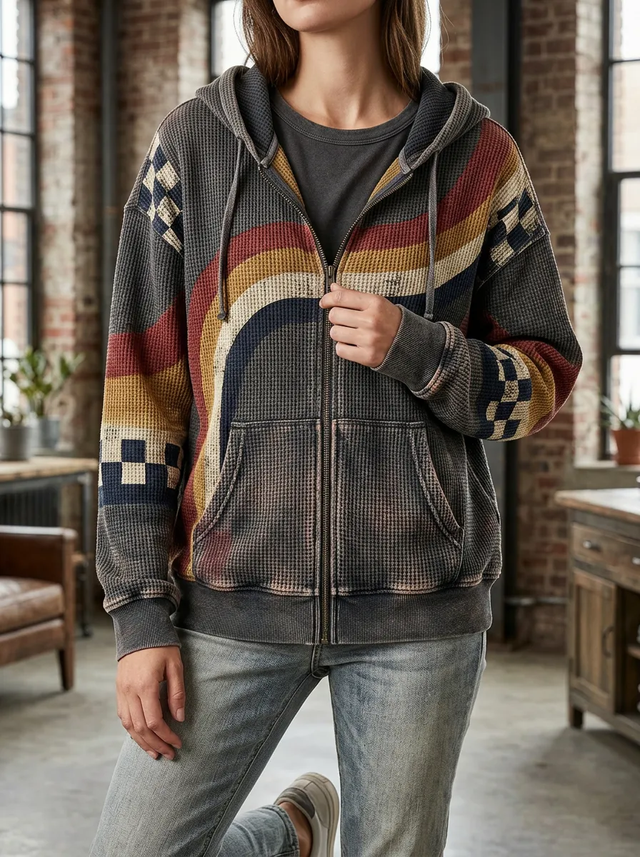 Women's Retro Rainbow Checkerboard Signature Design Waffle Zip-Up Hoodie