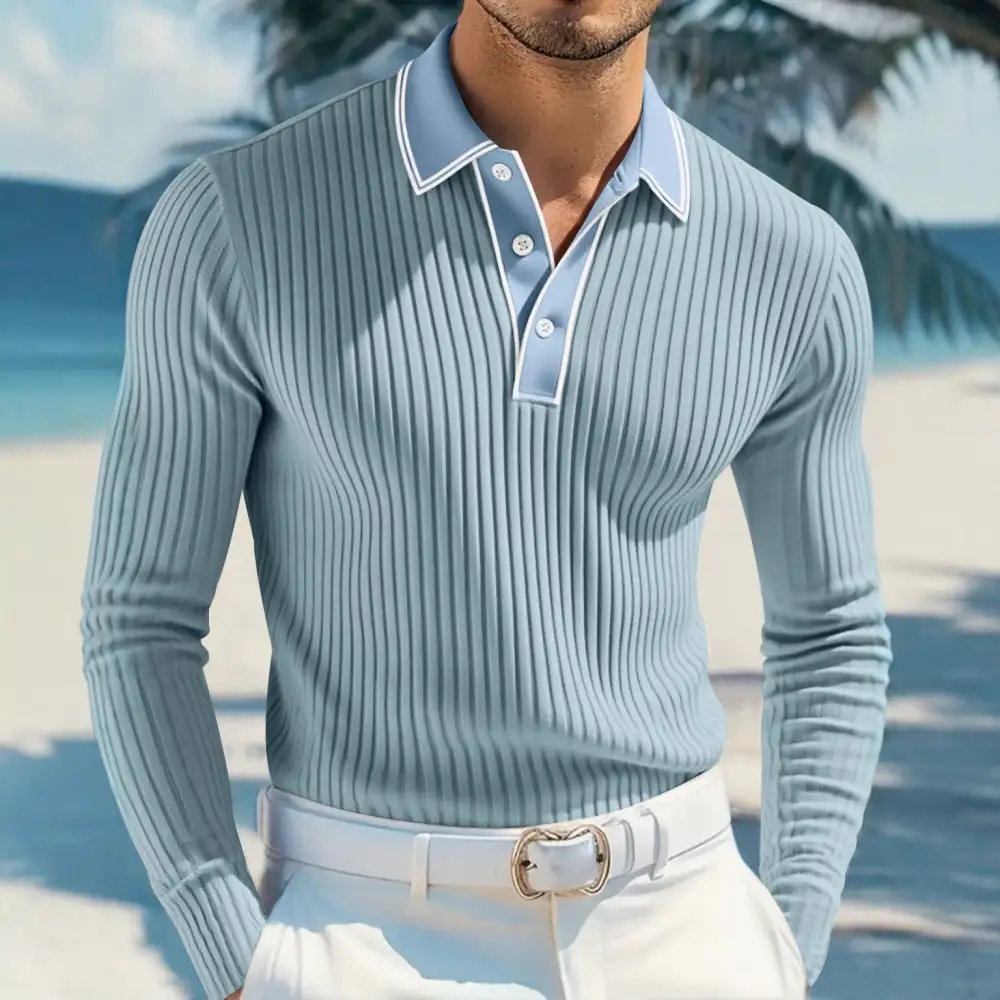 Ribbed Long Sleeve Slim Fit Polo Shirt