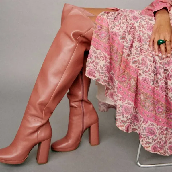 Faux-Leather Snip-Toe Round-Toe Chunky-Heel Over-the-Knee Boots