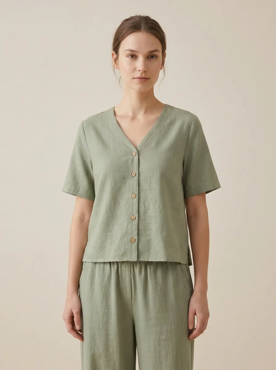 Easy-Wear Short-Sleeve Button-Down Women's V-Neck Shirt