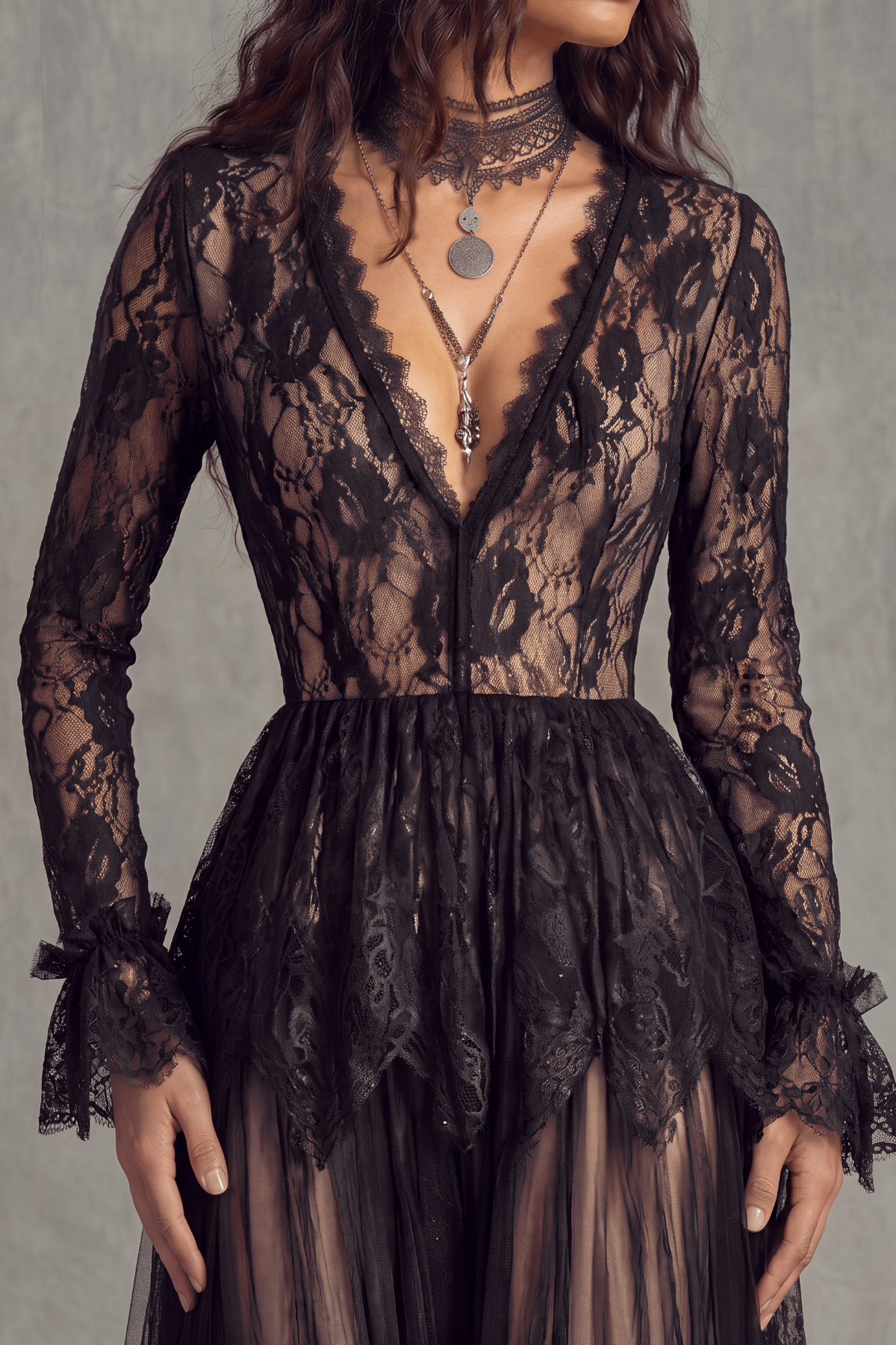 Plunge Neck Lace Maxi Dress