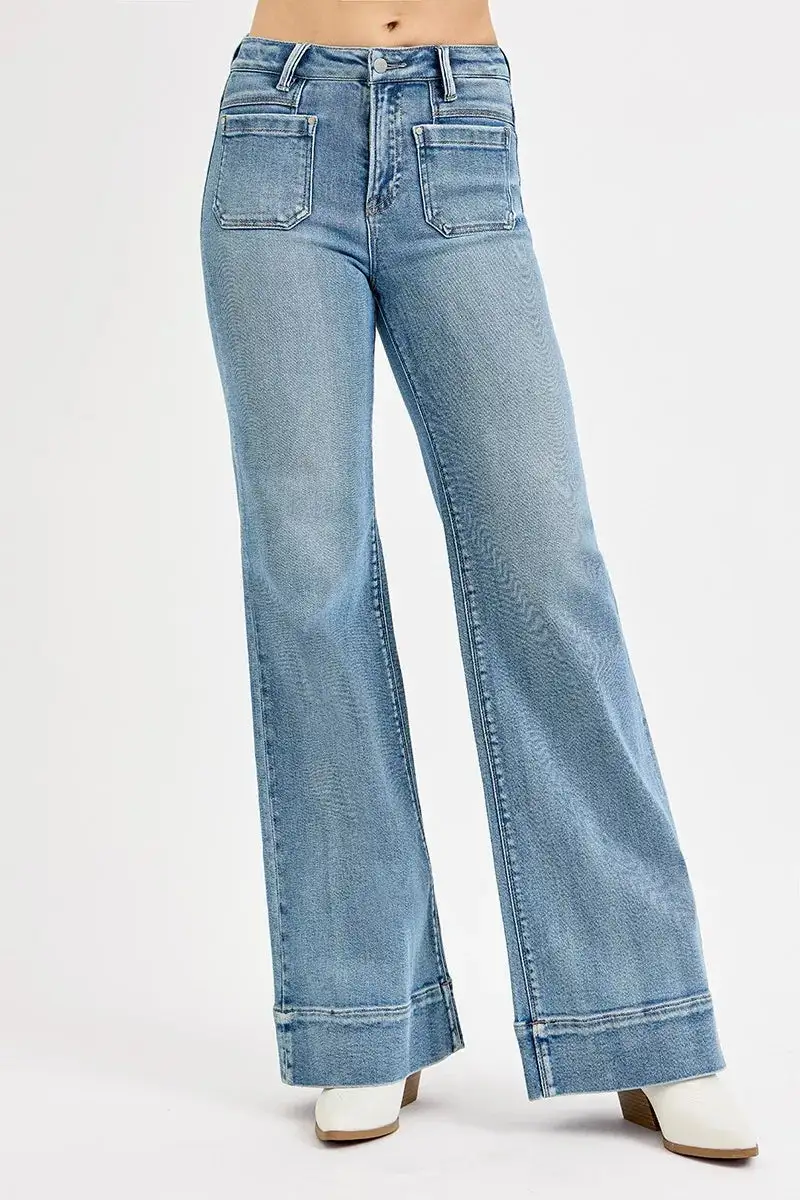 Structured High Waist Wide Leg Pocketed Denim Jeans