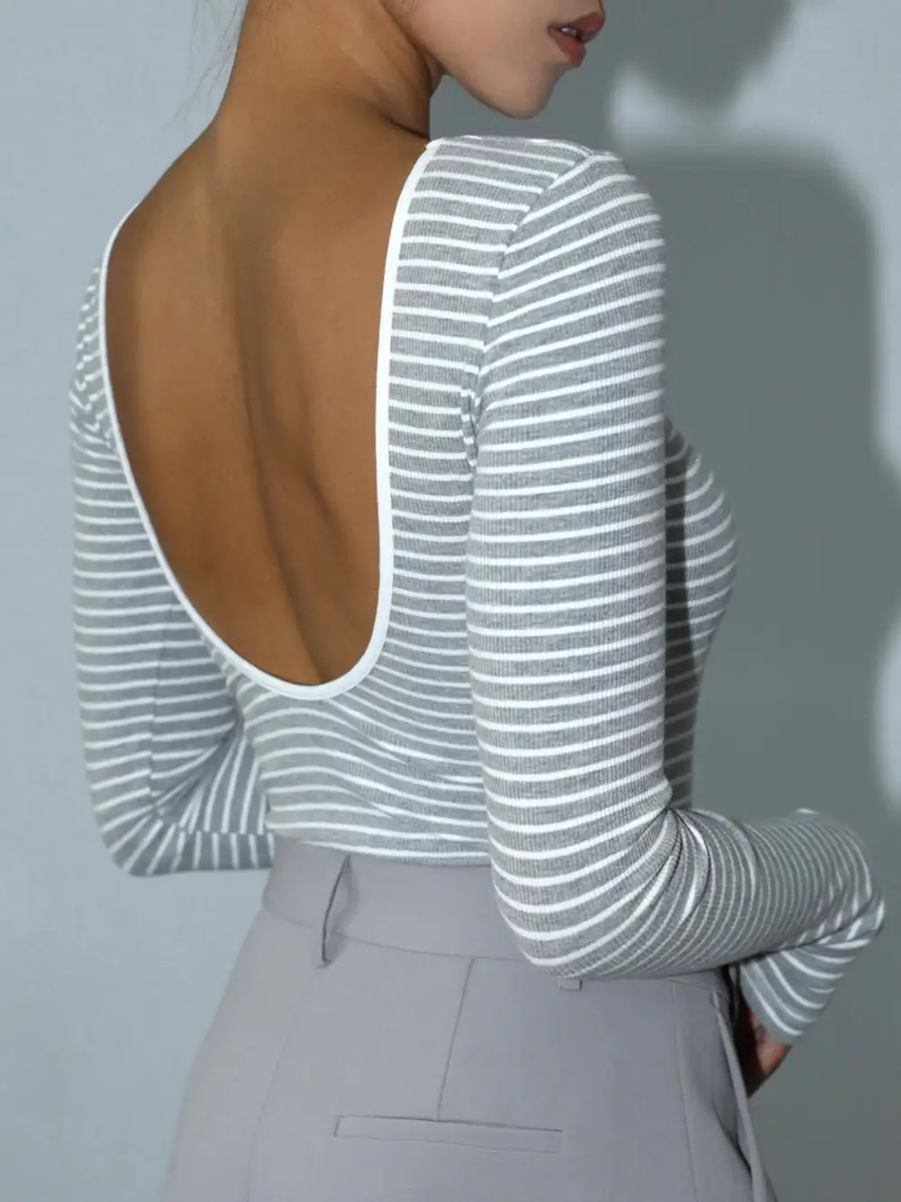 Striped Backless Long Sleeve Bodysuit