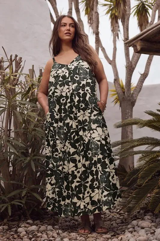 Black Floral Print Pleat Front Linen Dress