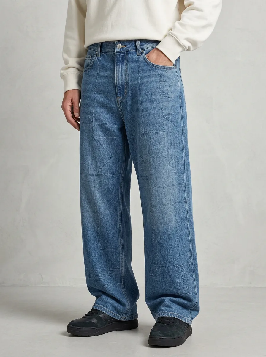 Men's Geometric Star Pattern Stitched Wide Leg Jeans