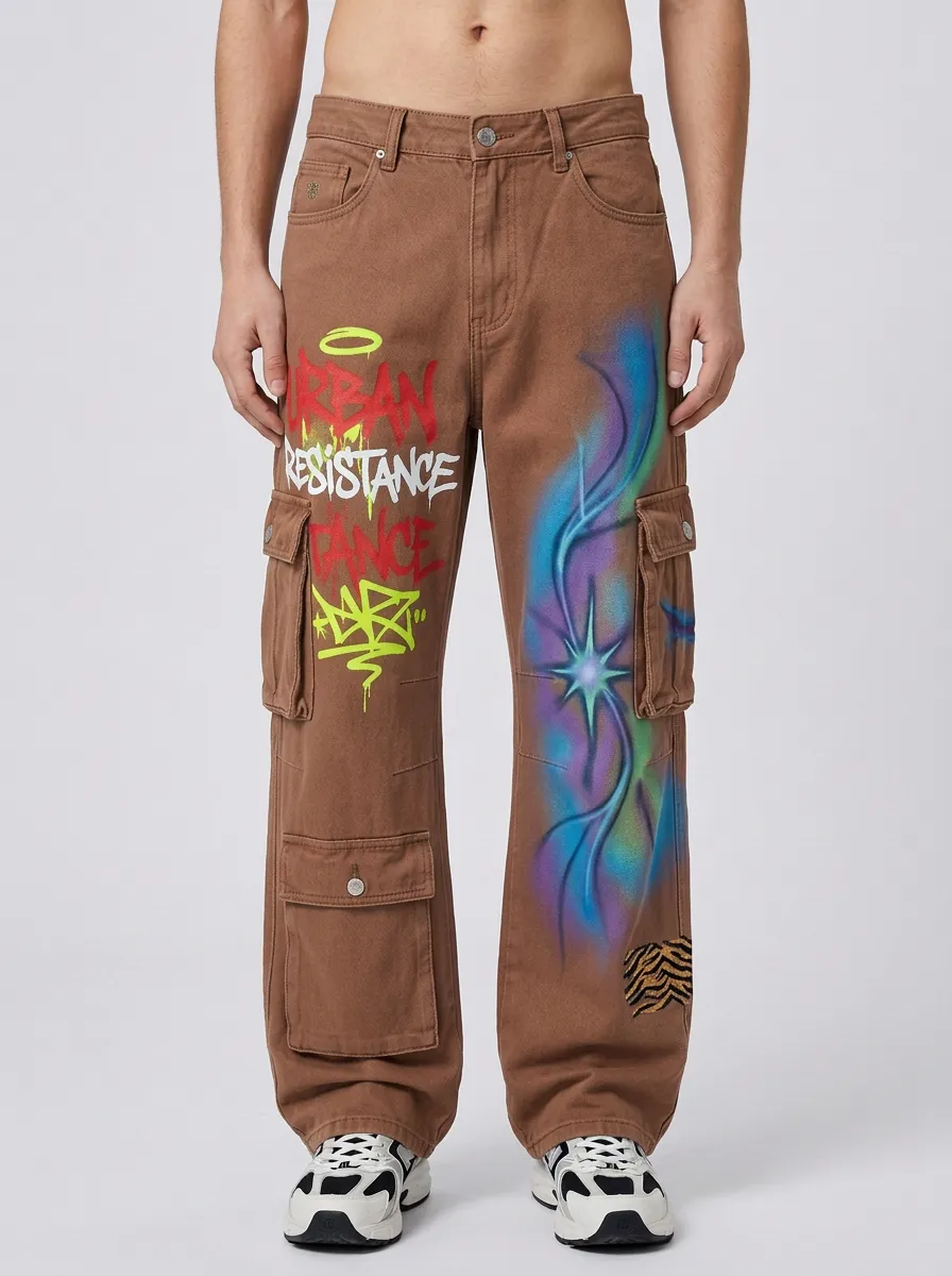 Men's Streetwear Urban Resistance Graffiti Airbrush Graphic Cargo Jeans