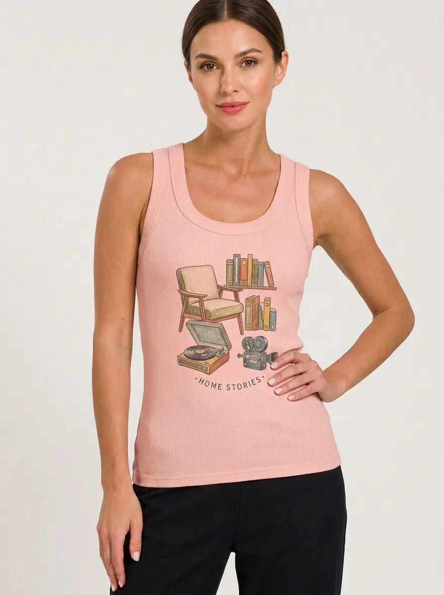 Women's Book Home Stories Record Player Graphic Tank Top