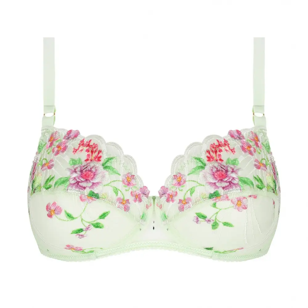 Women's Full Coverage Underwire Chimney Back Adjustable Straps Floral Lace Embroidery Mesh Floral Detail Bra