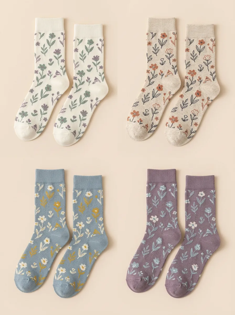 Women's Four-Pair Vintage Floral Botanical Ribbed Crew Sock Set