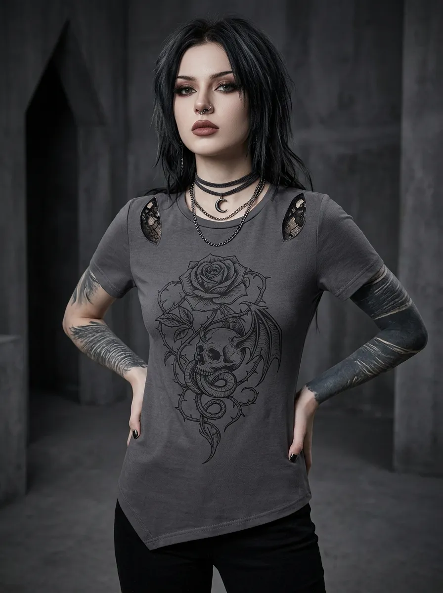 Underground Skull Rose Snake Style Women's Gothic T-Shirt