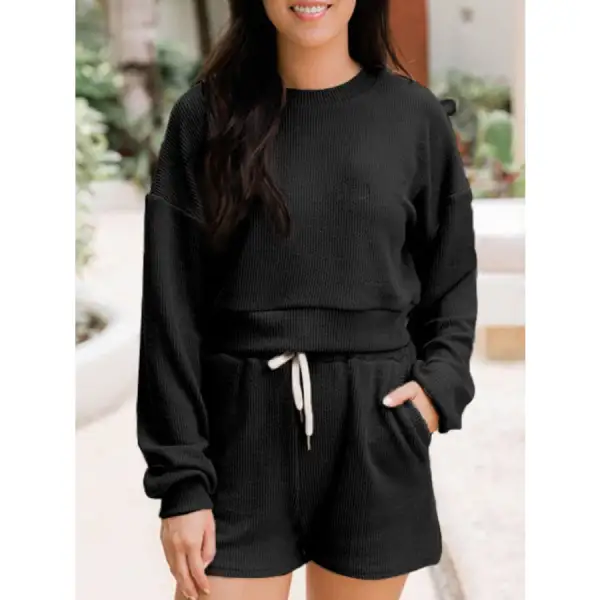 Ribbed Round Neck Long Sleeve Top and Shorts Set