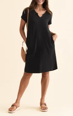 Above-Knee Cotton Pleated V-Neck Short-Sleeve Straight-Cut High-Low-Hem T-Shirt Dress