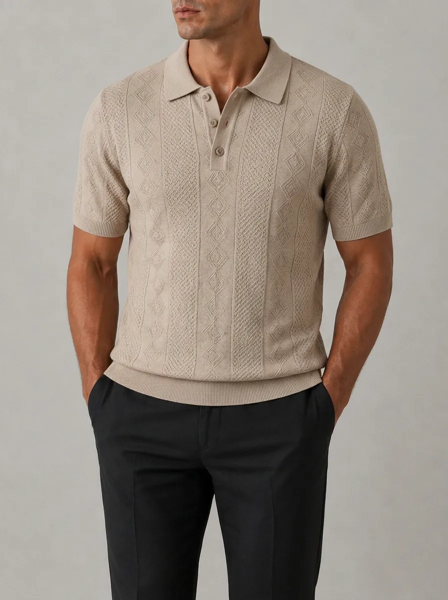 Men's Vintage Beige Diamond Pattern Knitted Polo Shirt