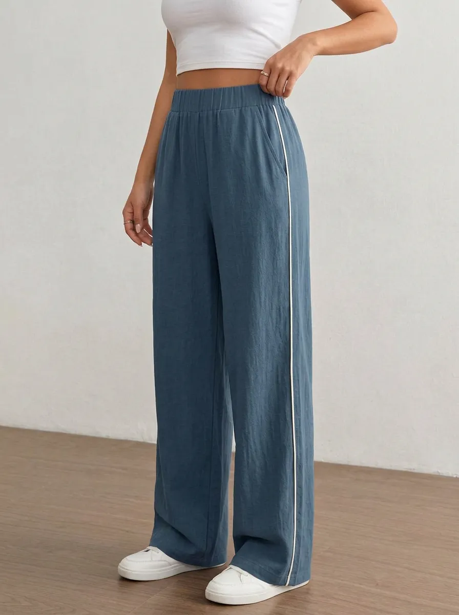 Women's Contrast Piping Wide-Leg Trousers