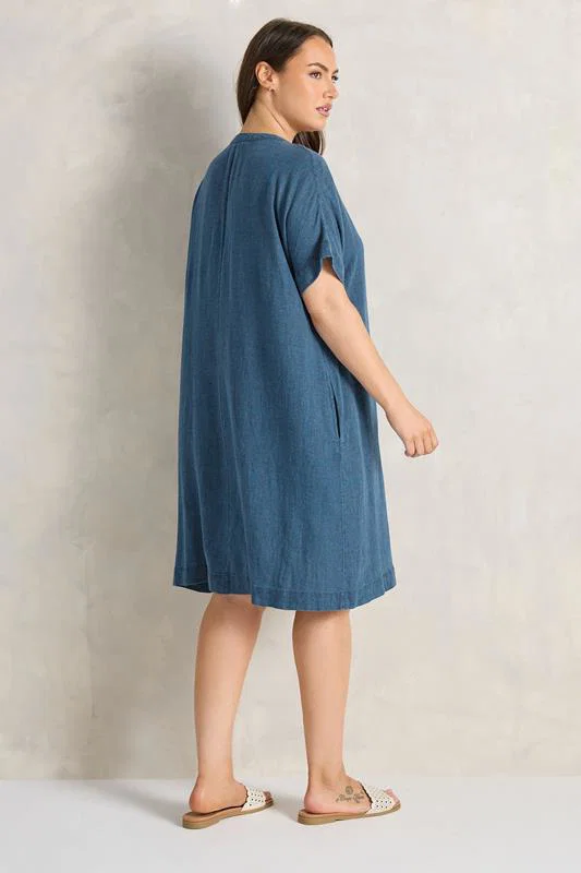Blue Premium Linen Shift Denim Dress detail 3
