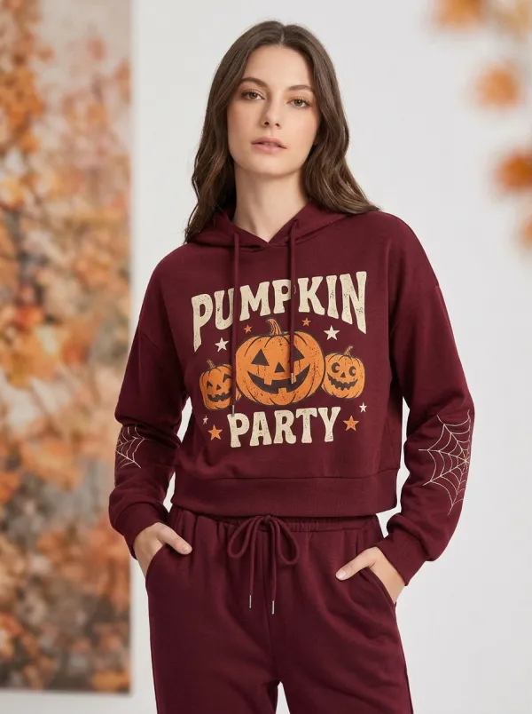 Women's Halloween Pumpkin Party Spiderweb Printed Jogger Set