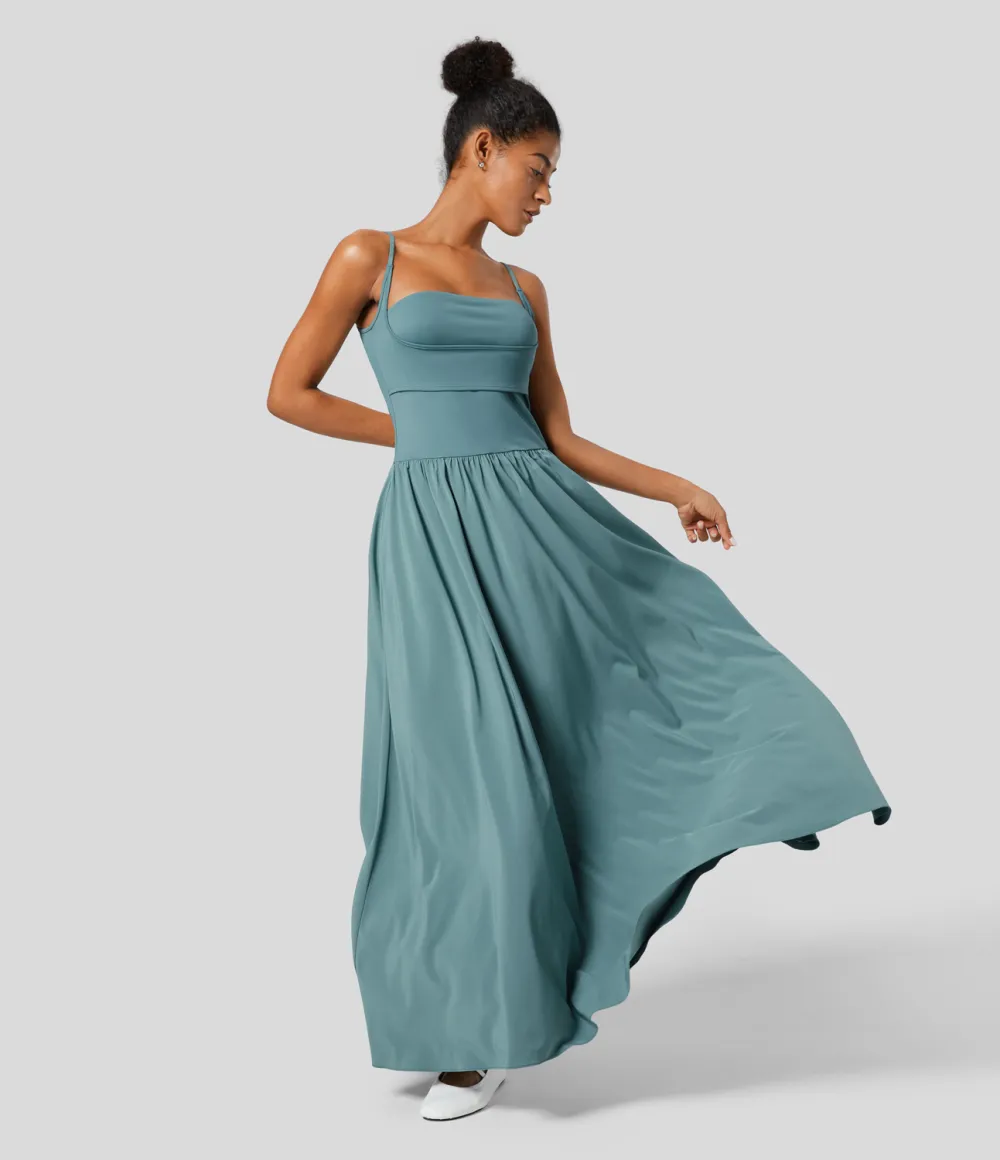 Breezeful Backless Side Pocket Plicated Flowy Flare Maxi Quick Dry Casual Slip Dress