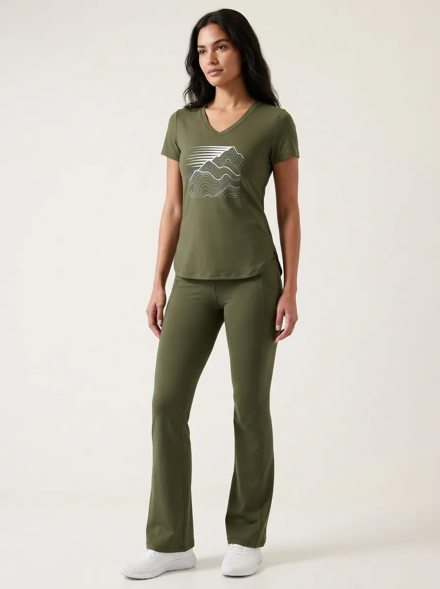 Women's Mountain Line-Art Graphic V-Neck T-Shirt and Pants Set