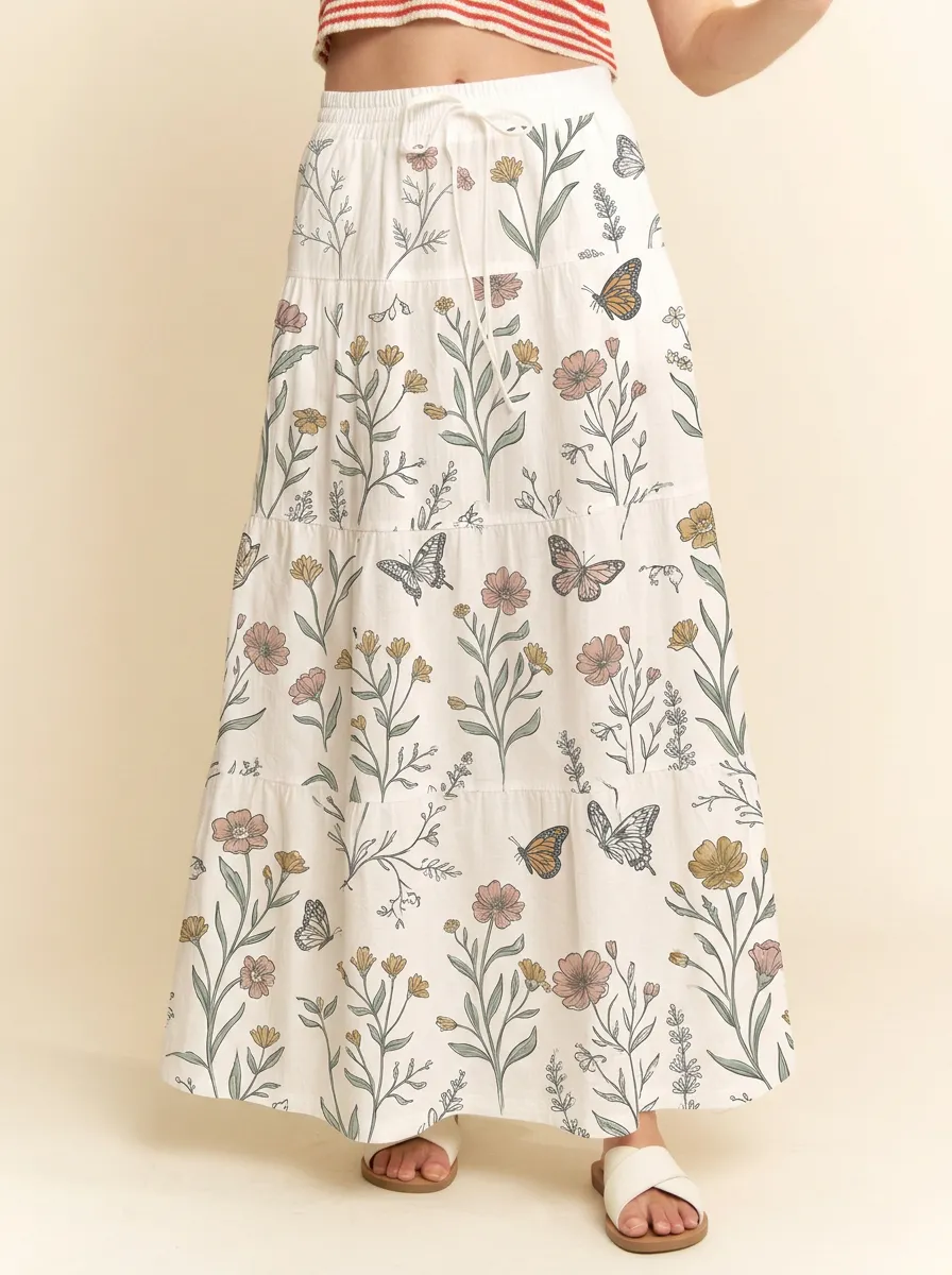 Women's Boho Floral Butterfly Printed Tiered Maxi Skirt