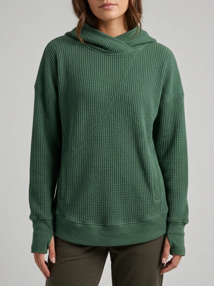Women's Green Waffle Knit Crossover Hooded Top