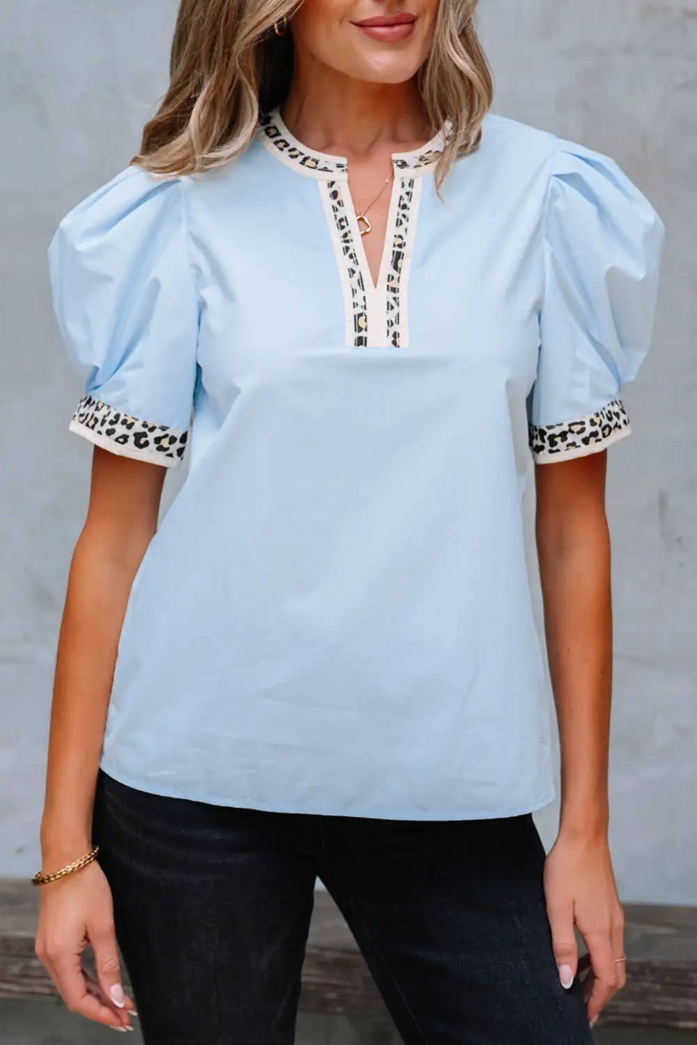 Leopard Print Puff Sleeve Split Neck Blouse