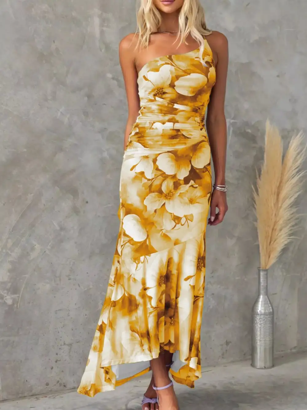 Casual Floral Print One Shoulder Ruched Maxi Dress