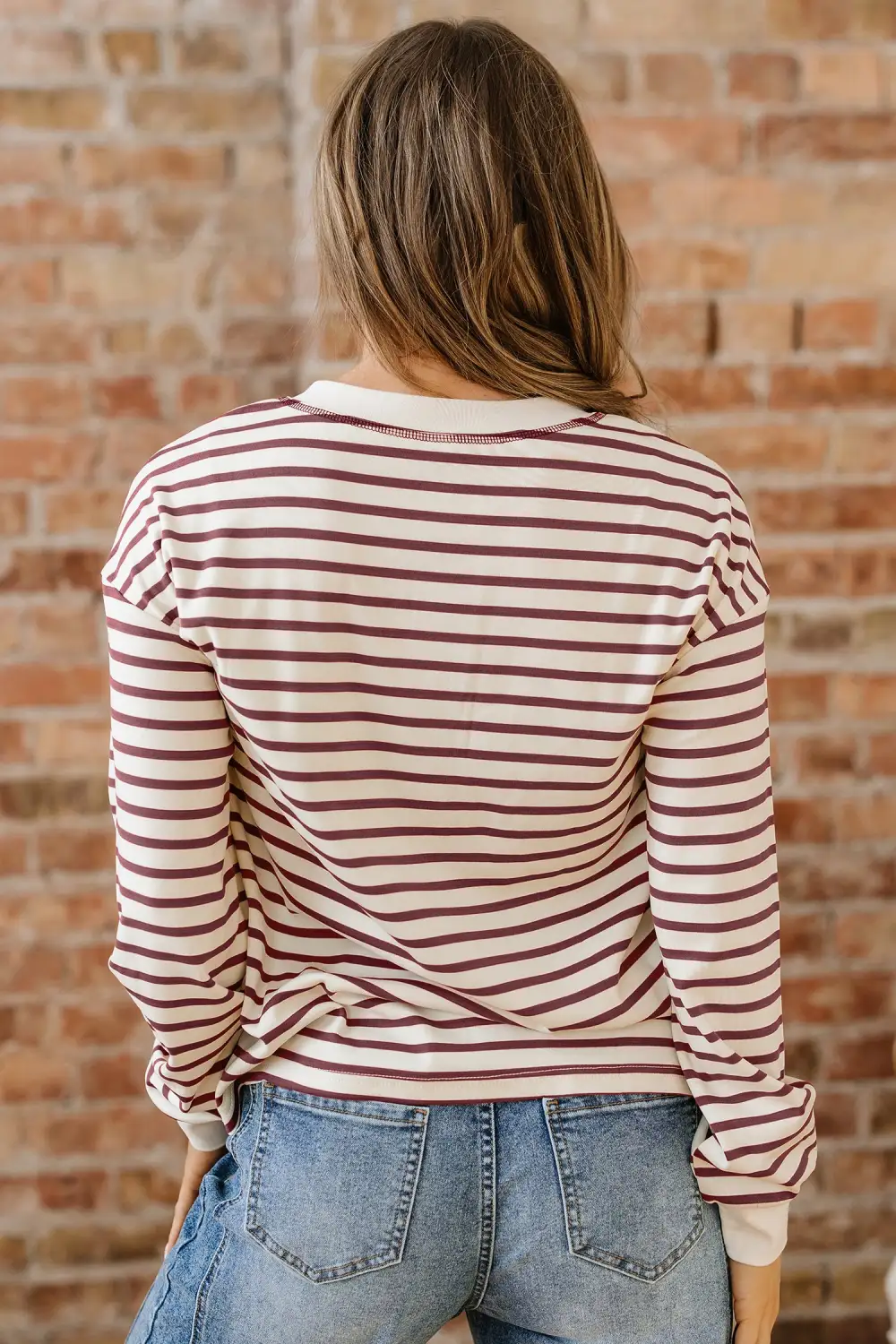 Women's Striped Henley Neck Long Sleeve Top
