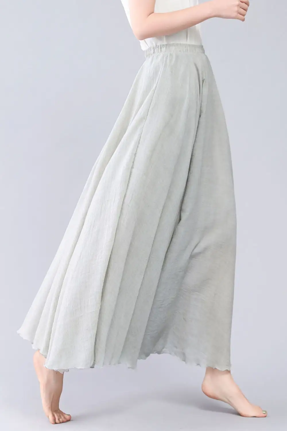 Checkered Linen Cotton Pleated Circle Elastic Waist Skirt