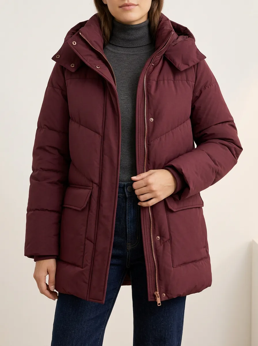 Women's Hooded Puffer Jacket in Burgundy