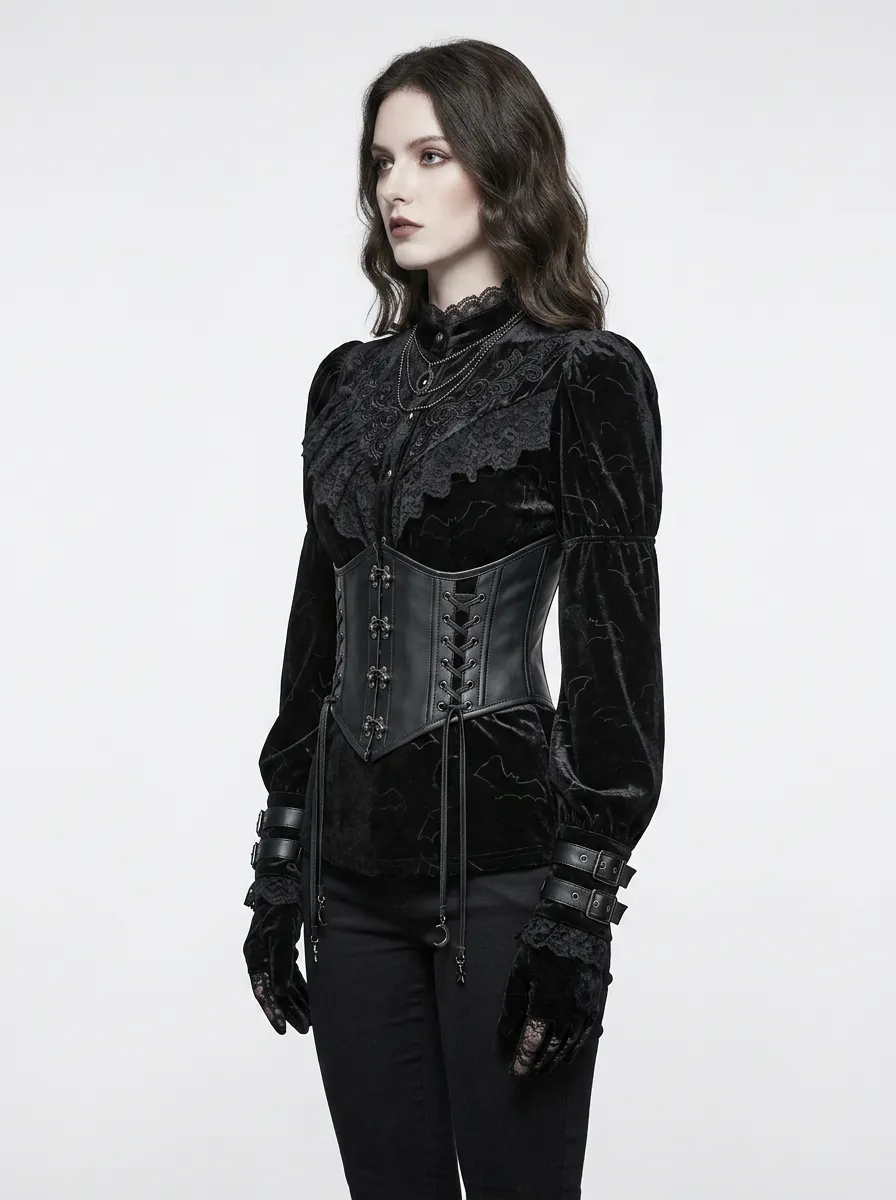 Women's Gothic Bat Pattern Lace Trimmed Velvet Top